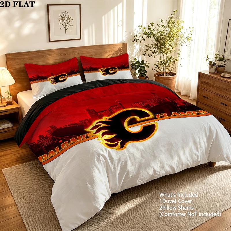 Calgary Flames Pattern Bedding Quilt Set Home Decoration Gift (1 * duvet cover + 2 * pillowcase without core)