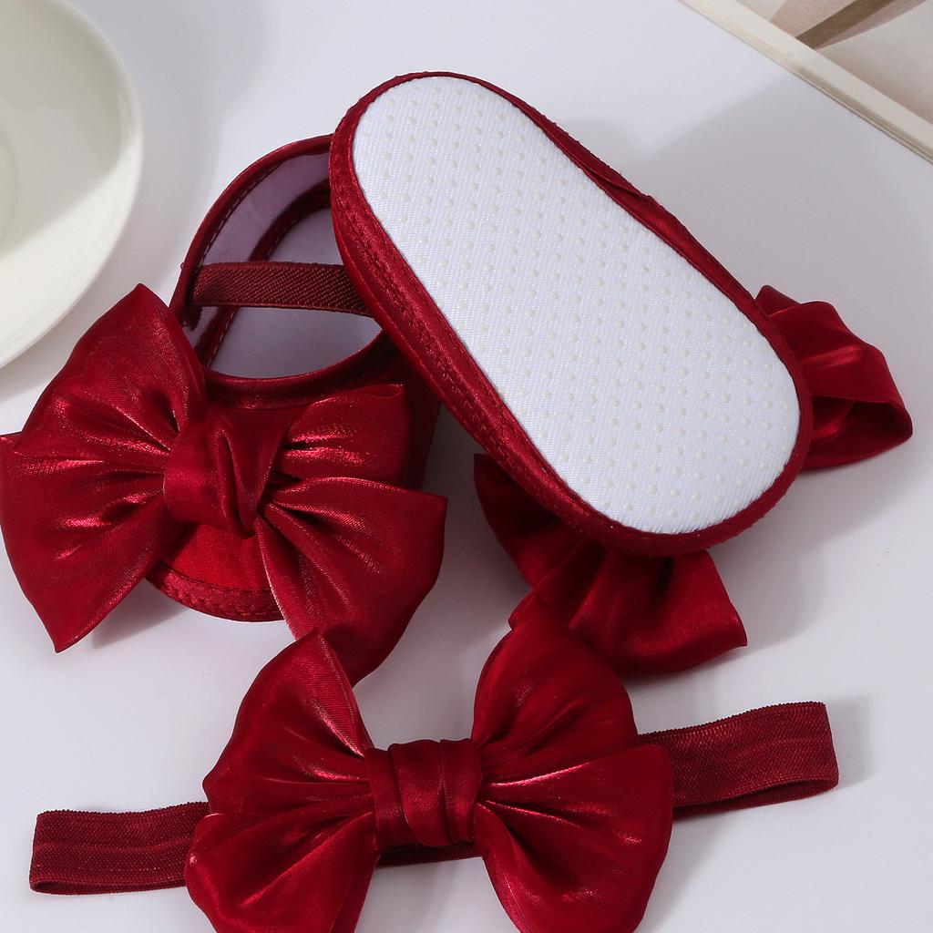 Lovely Baby Girls Shiny Baptism Shoes Headband Newborn Cute Bowknot Mary Jane Flats Set Children First Walker Flat 0-12 Months