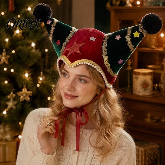 Red Green Party Costume Accessories Christmas Jester Hat, Velvet Star Clown Hat with Gold Trim Pom Creative Outfit Poms, Adjustable Tie, Cosplay