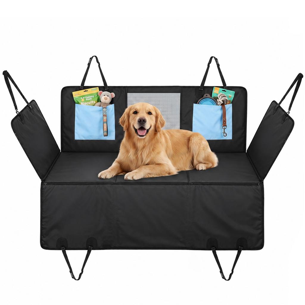 Dog Car Seat Cover, Waterproof Dog Travel Hammock w/ Non-Slip & Anti-Scratch Surface, Mesh Window and Pockets, Blue