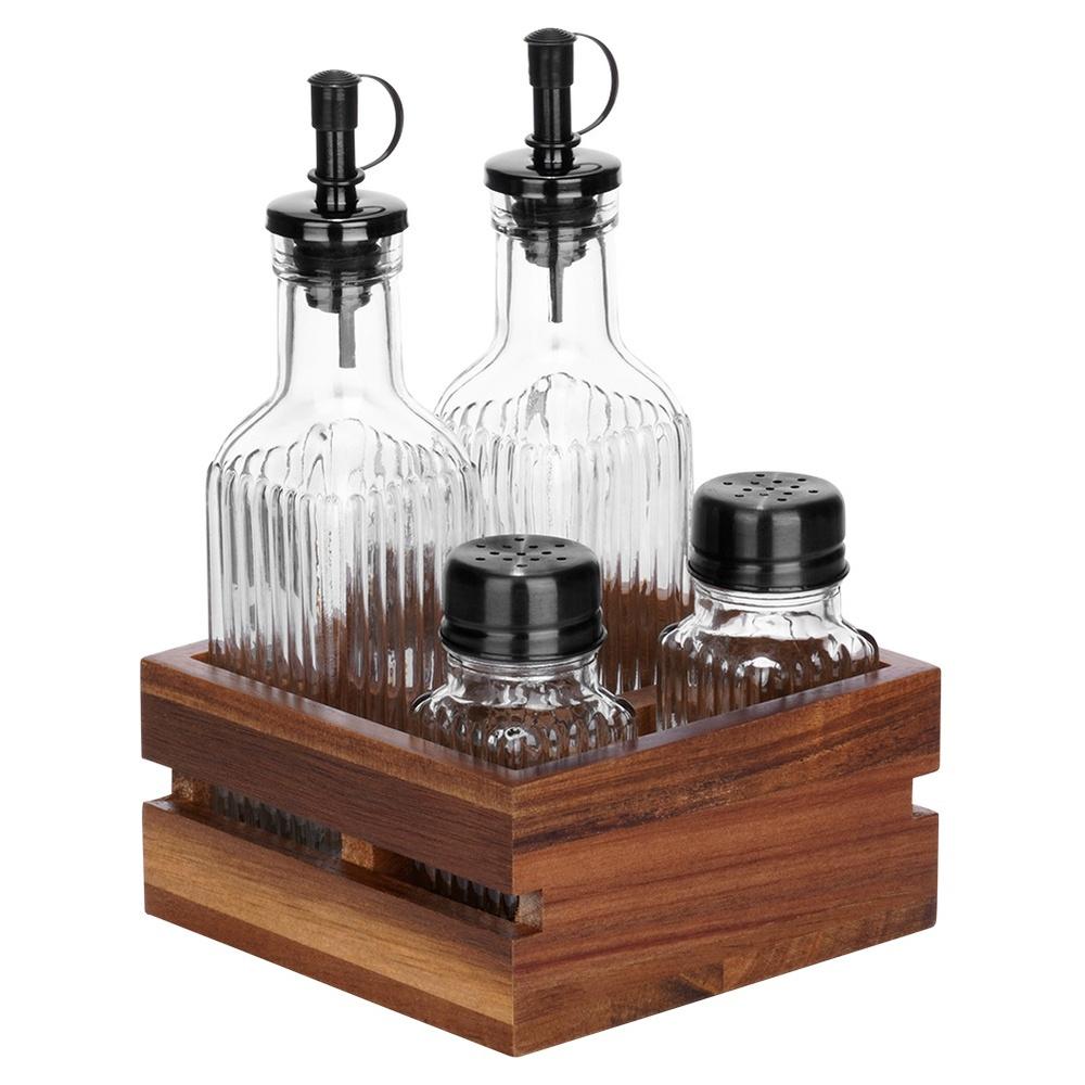 Oil and vinegar bottles, spice racks, 5 pieces.