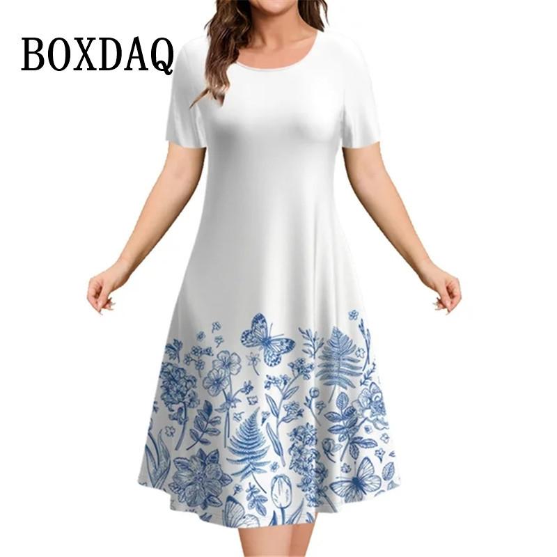 Новые 2025 винтажные платья женские 3D цветы принт с коротким рукавом летние повседневные пуловеры модные свободные женские платья больших размеров