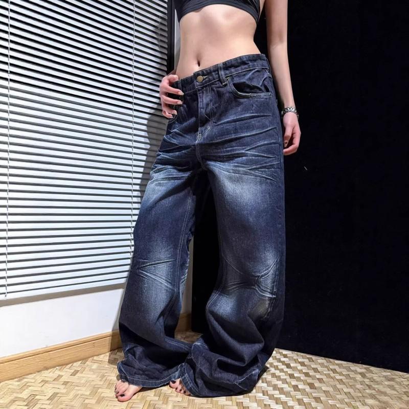 Womens Baggy Straight Leg Jeans Vintage Distressed Denim Streetwear Style High Waist Loose Fit