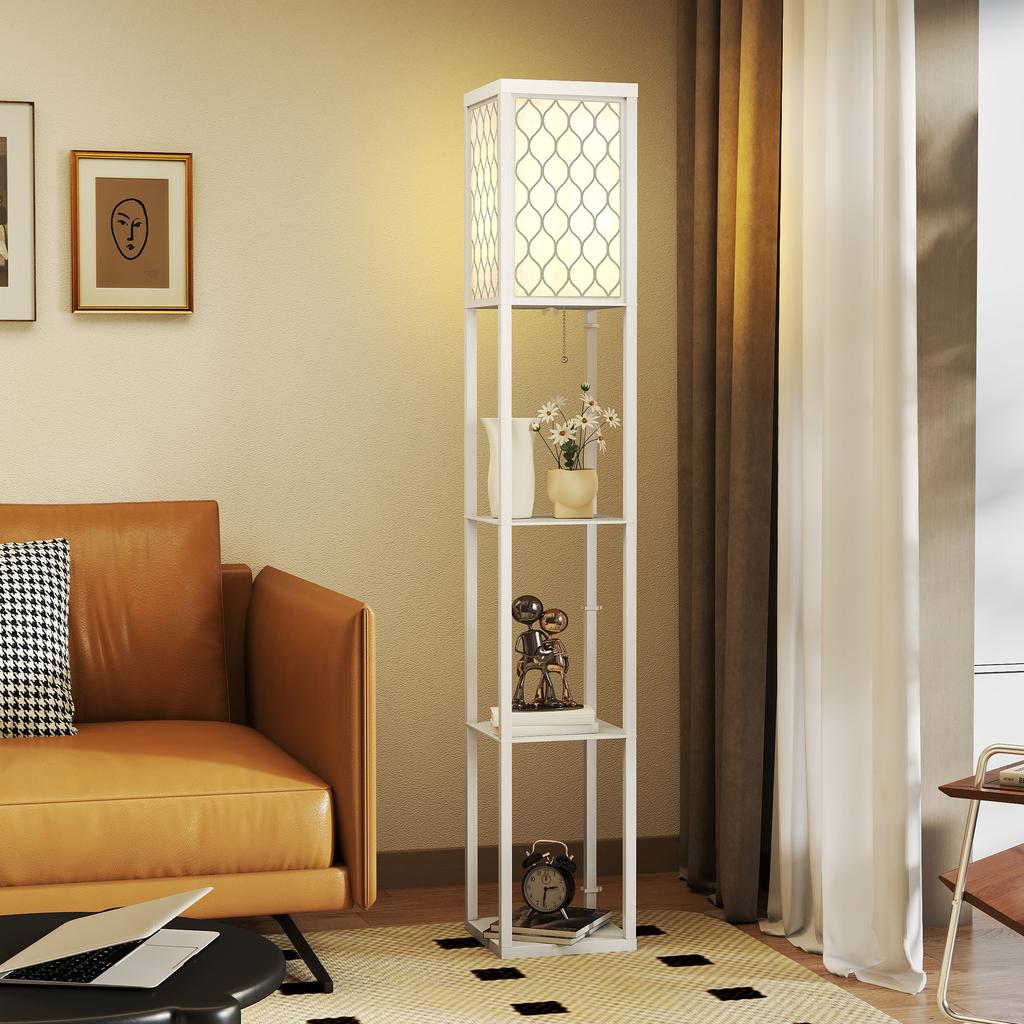 Modern 2-in-1 Floor Lamp with 3 Shelves, E27 Socket, 26 x 26 x 160 cm, White