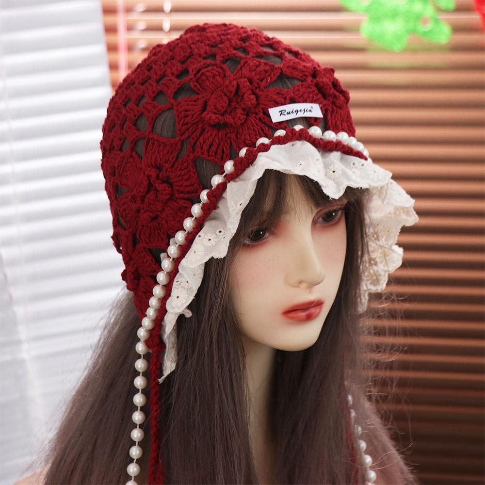 Bohemian Style Crochet Flower Knitted Hat Pearl Tassels Knit Cap Apparel Accessories