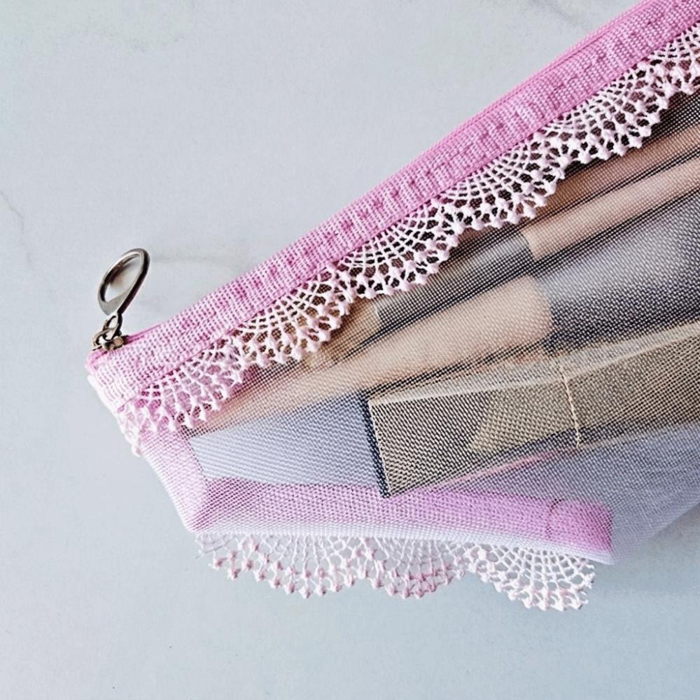 Korean Style Mesh Toiletry Bag Lace Trim Makeup Storage Pouch Jewelry Organizer for Travel