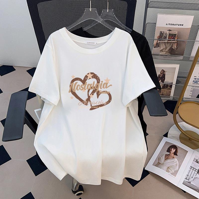 Женская облегающая футболка большого размера средней длины с коротким рукавом - Круглый вырез, Свободный крой (Размеры 200-350 Цзинь)