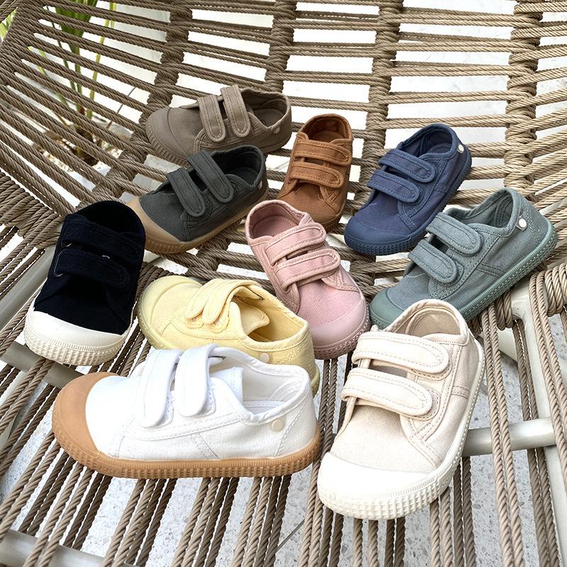 Toddler Kids Retro Canvas Shoes Children Soft Bottom Solid Board Shoes Lightweight Breathable Hook and Loop Casual Shoes