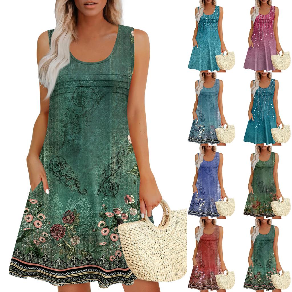 Женские летние платья Свободные сарафаны без рукавов Платье с карманами