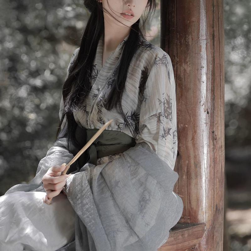 Женская одежда в китайском стиле династий Вэй и Цзинь Hanfu, серое платье с перекрестным вырезом и принтом бамбуковых листьев