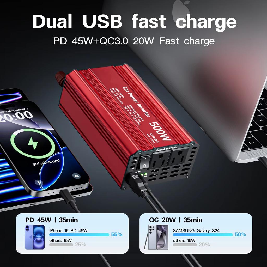 Factory Direct-sale Kadip 500W Single Phase Automotive Inverter DC12V to 110V/220V with QC3.0+PD45W Fast Charging Interface