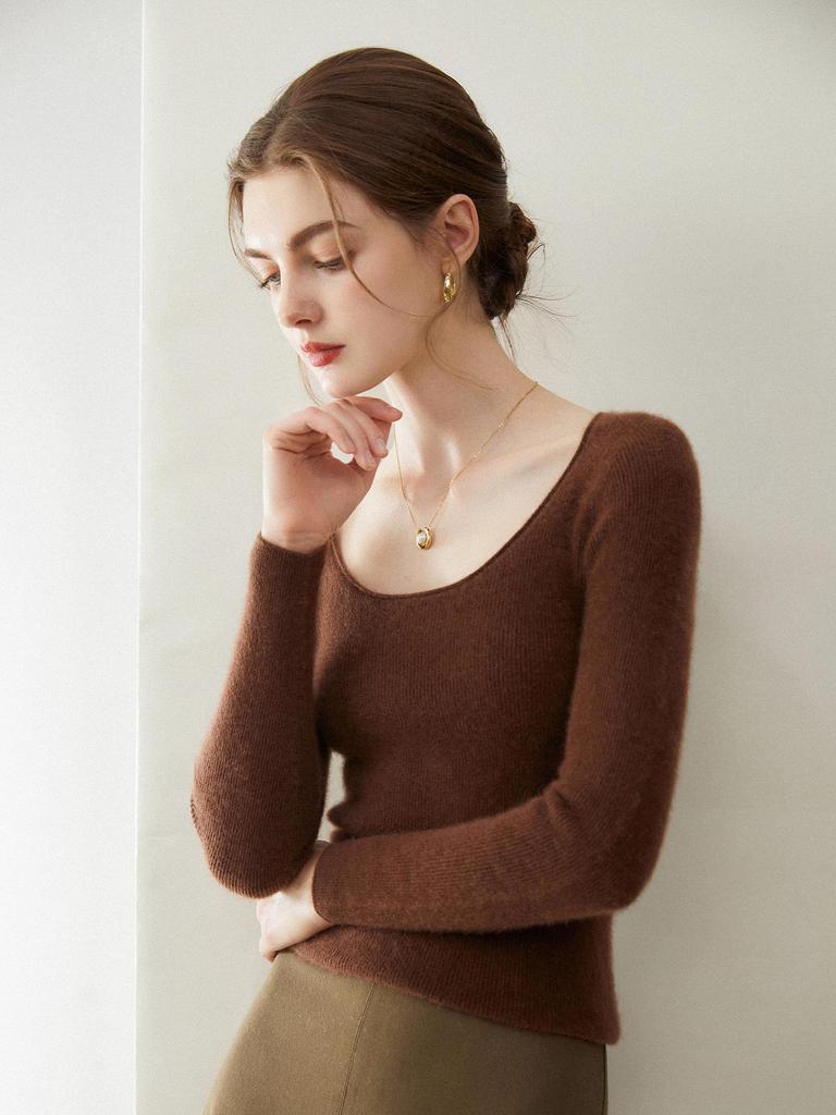 Women's 100% Pure Cashmere U-neck Slim-fit Base Layer Sweater - New Autumn/Winter Pullover Knitwear