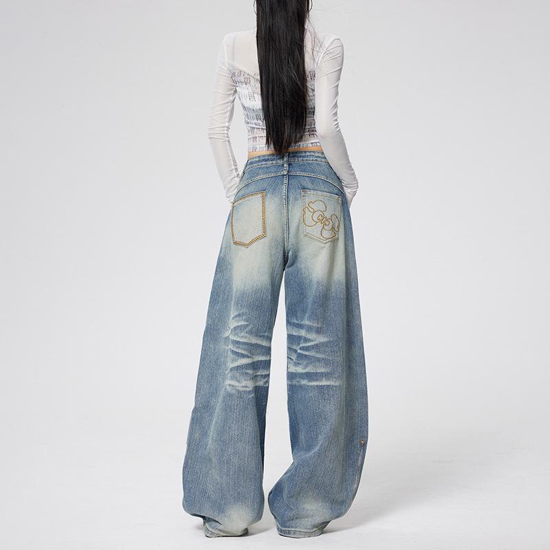 Women's American Retro Crease Wide Leg Jeans - 2026 Spring Collection, Loose Fit, Slimming Straight Leg Design.