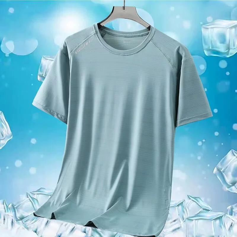 Plus Size Summer Men's Round Neck Ice Silk T-shirt Outdoor Sports and Leisure Quick Drying Short Sleeved Solid Color T-shirt
