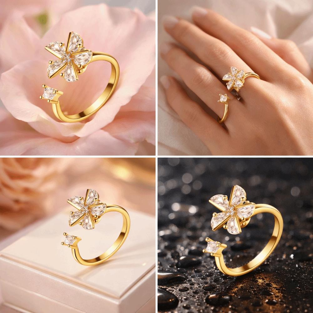 Adjustable Flower Opening Ring Star Rhinestone Crystal Flower Ring Rotatable Ring Daily Wear