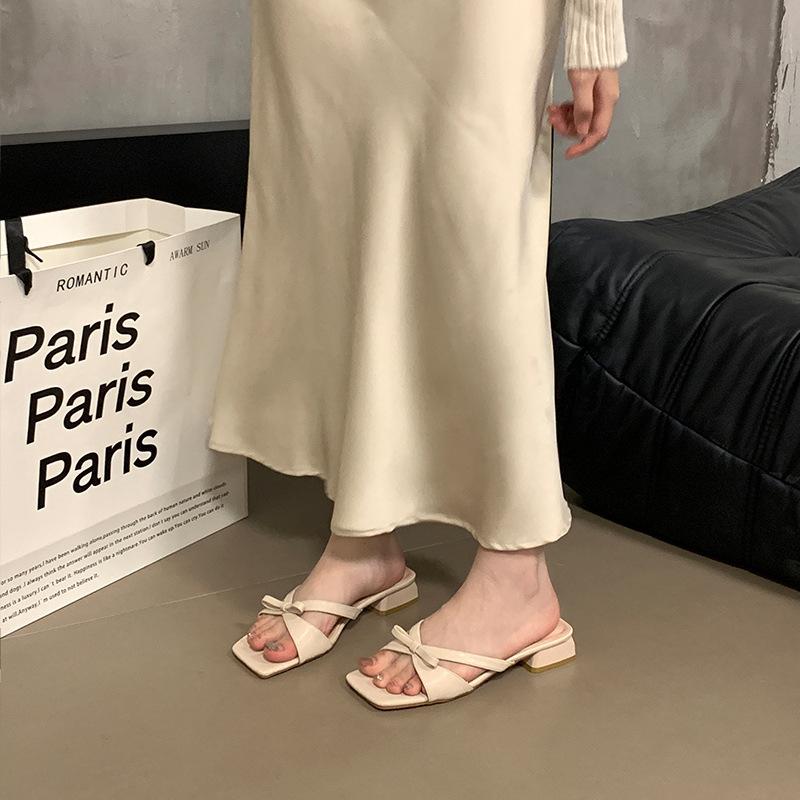 Satin Bow Sandals Silver with Skirt Thick Heel Sandals