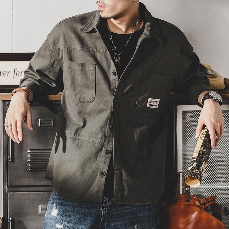 Men's Trendy Retro Khaki Denim Work Shirt - Loose Long-Sleeve