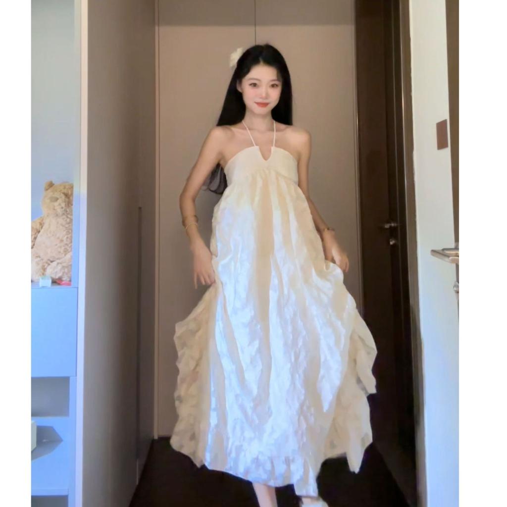 New French neck dress women's seaside photo shoot holiday halter dress super fairy loose a-word skirt