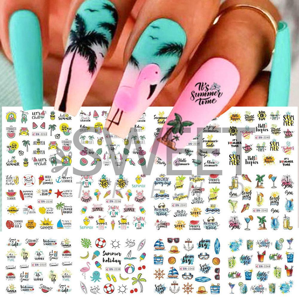 Летние водные наклейки для ногтей, наклейки для пляжа, океана, кокосовой пальмы, дизайн ногтей, декор для ногтей
