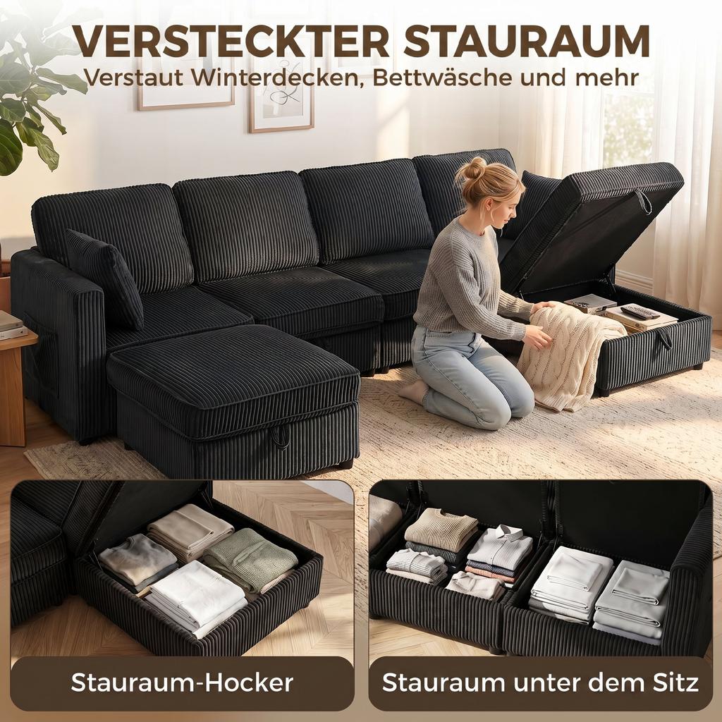 Corner Sofa 4-Seater U-Shaped Sofa with Storage Ottoman, 306 cm Corner Couch with Corduroy Look, 4 Cushions, for Living Room