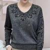 Spring Autumn V-neck Long Sleeve Sweater Women Diamons Knitting Pullovers Female Shiny Bottomed Top