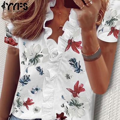 YYFS женские модные повседневные летние блузки и рубашки с короткими рукавами и цветочным узором