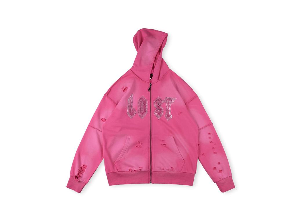 Худи на молнии с принтом черепа и стразами, американский уличный стиль, 24FW, с большим логотипом