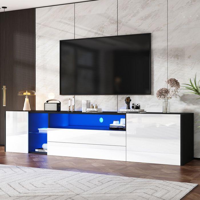 Meuble TV laqué brillant, noir et blanc, avec éclairage LED, 2 tiroirs et 2 placards, meuble de salon, 180 x 40 x 45 cm