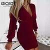 QICED Autumn V-neck Color Package Hip Lantern Sleeve Midlength Dress Woman