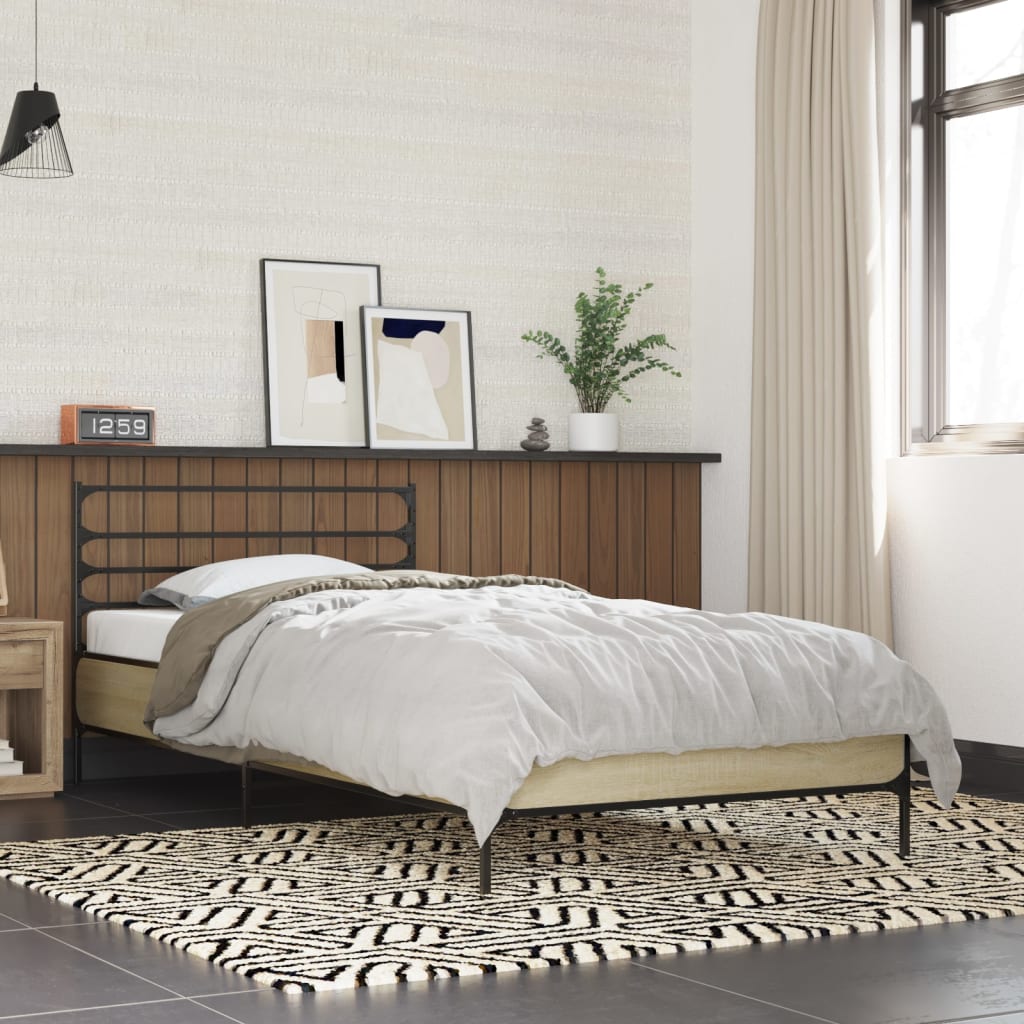 Bed Frame in Sonoma Oak Finish 100 x 200 cm Made of Engineered Wood and Metal