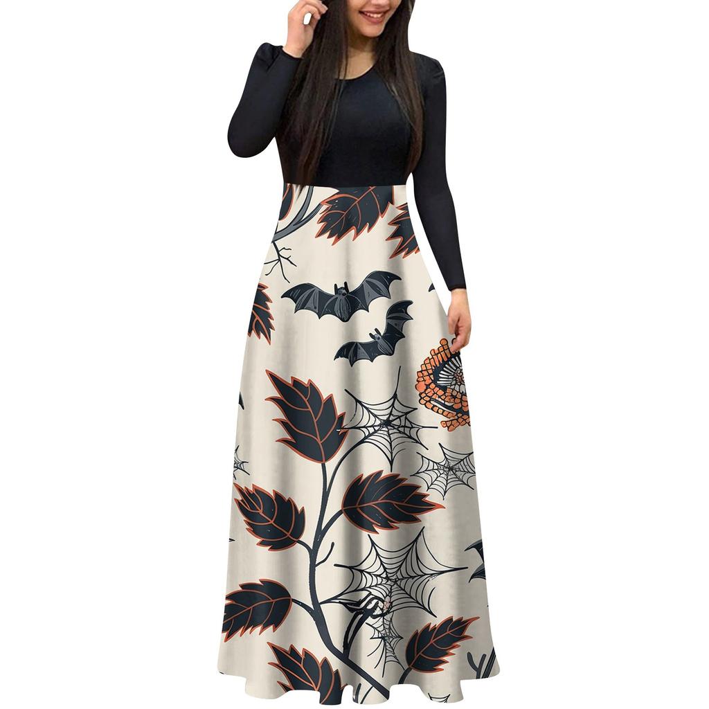 Женское модное повседневное платье макси с круглым вырезом и длинными рукавами