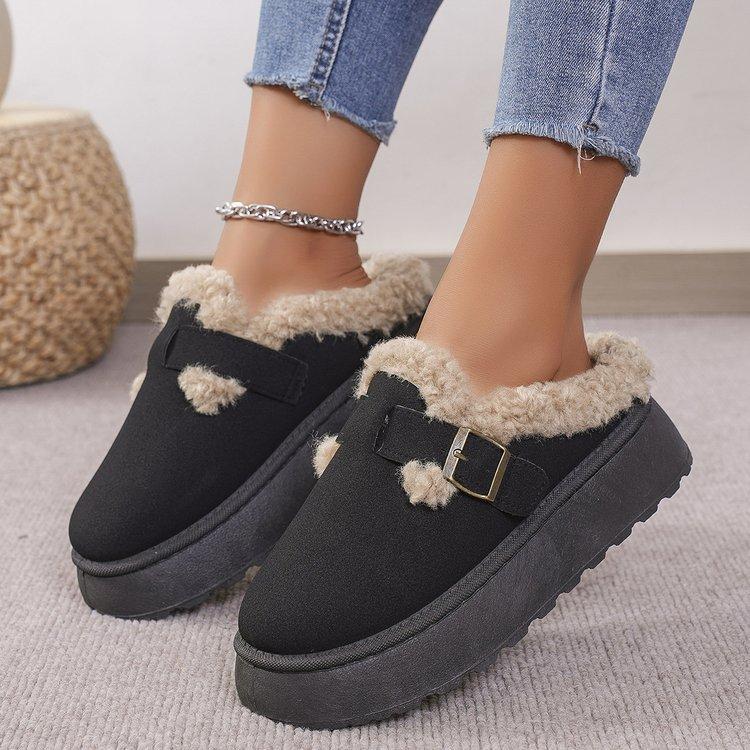 Winter Women's Boken Shoes Plush Fashion Retro Bean Shoes Cotton Flat Sole Slippers Platform Women Boots