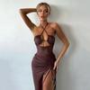 Summer Dress Halter Slit Backless Solid Color Elegant Club Party S-L