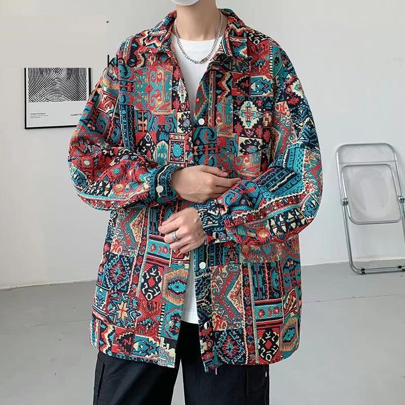 Men's Korean-Style Jacquard Casual Jacket - Autumn/Winter Ethnic Yarn-Dyed Loose Fit