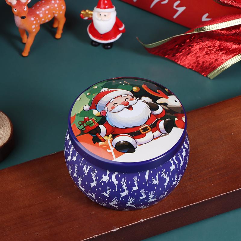 1Pcs Christmas Tinplate Round Candy Tin Can Candle Jars With Lid Candle Container Empty Box Cookie Candy Storage Gift Case