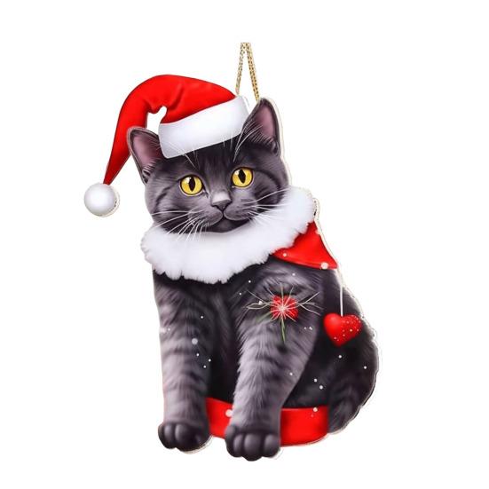 Christmas Cat Ornament Cartoon Cat with Santa Hat Pendant 2D Flat Acrylic Christmas Tree Hanging Decoration for Holiday Home Decor