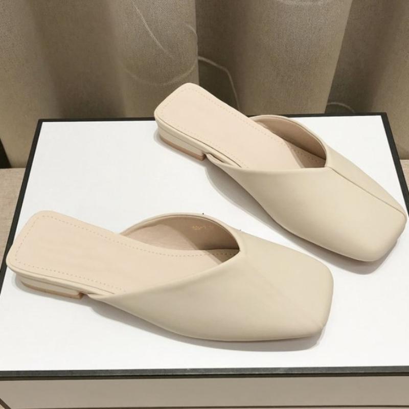 Модные женские тапочки во французском стиле для улицы и дома 2024 года, весна-лето, новые туфли на квадратном каблуке, классная мягкая кожа, однотонная универсальная обувь
