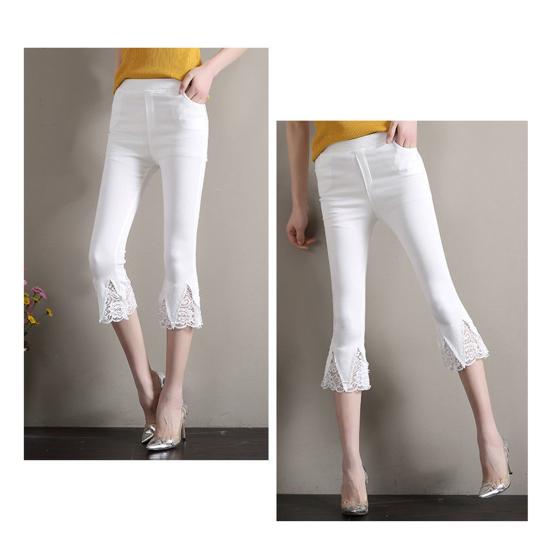 Женские укороченные брюки, однотонные, высокоэластичные, летние, расклешенные брюки, кружевная отделка, обтягивающие леггинсы с карманами