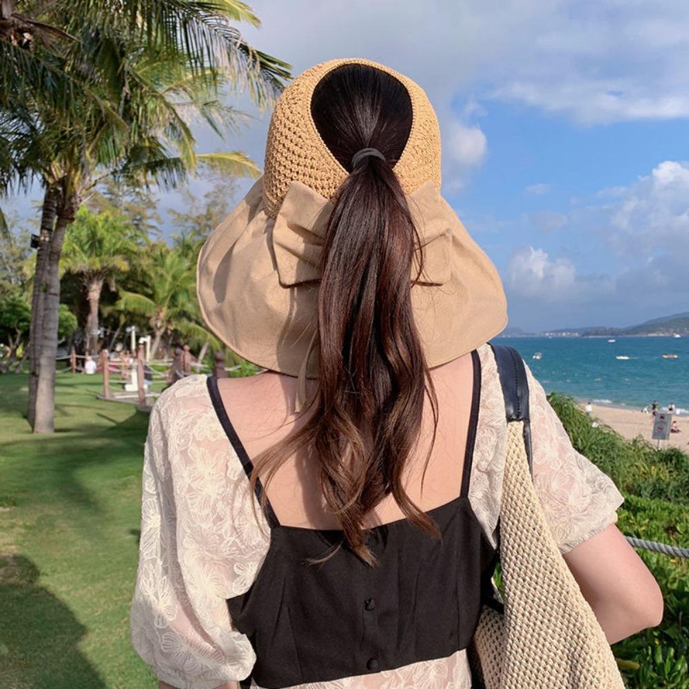 Плетеная пустая шляпа-панама с бантом, защита от солнца, виниловая, повседневная, с широкими полями, для пляжа