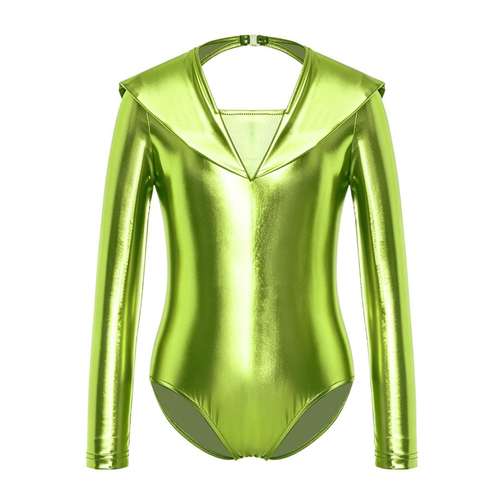 Girls Alien Cosplay Leotard Long Sleeve Cutout Back Metallic Bodysuit Gymnastics Dance Costume