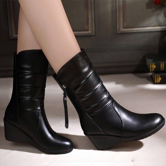 Winter Warm Fur Boots Womens Boots High Heels Side Zipper Female Shoes Black Woman Boots Shoes Wedge Boots Shose Women