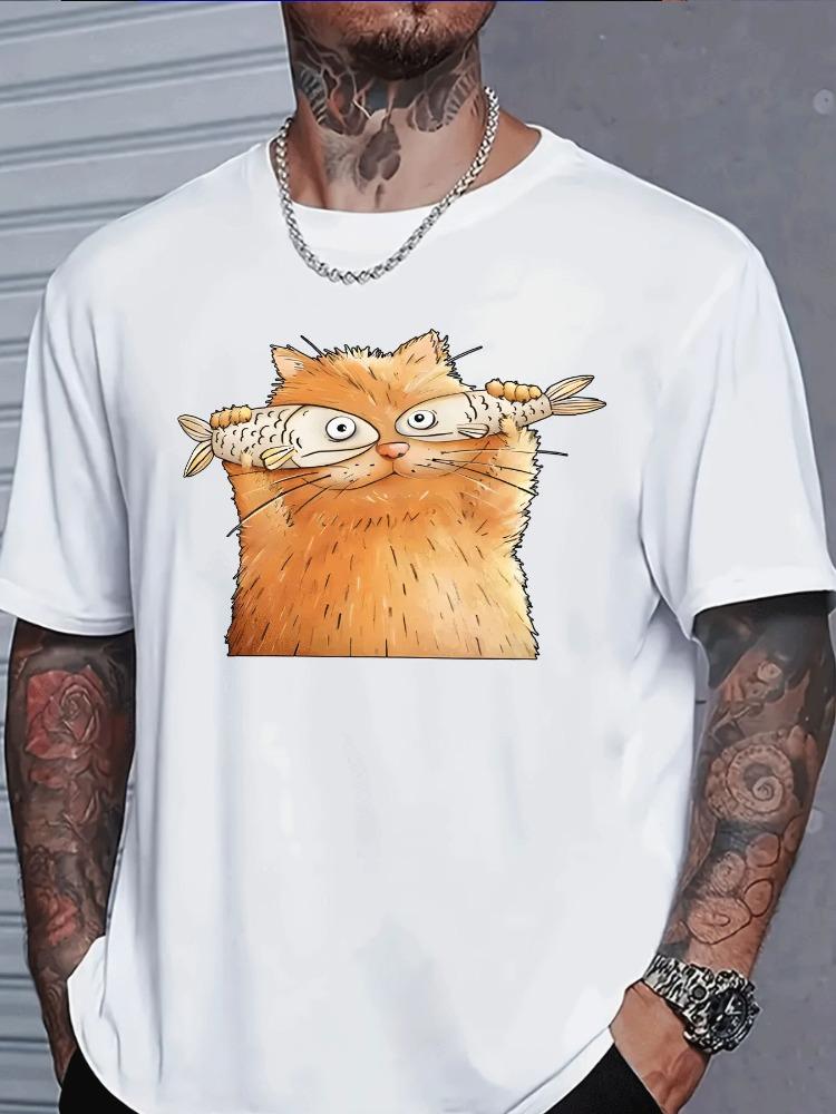 Unisex White Crew Neck Tee Funny Cat Fish Eyes Cartoon Print Loose Oversized Short Sleeve Unisexs Streetwear Summer Casual Basic Top