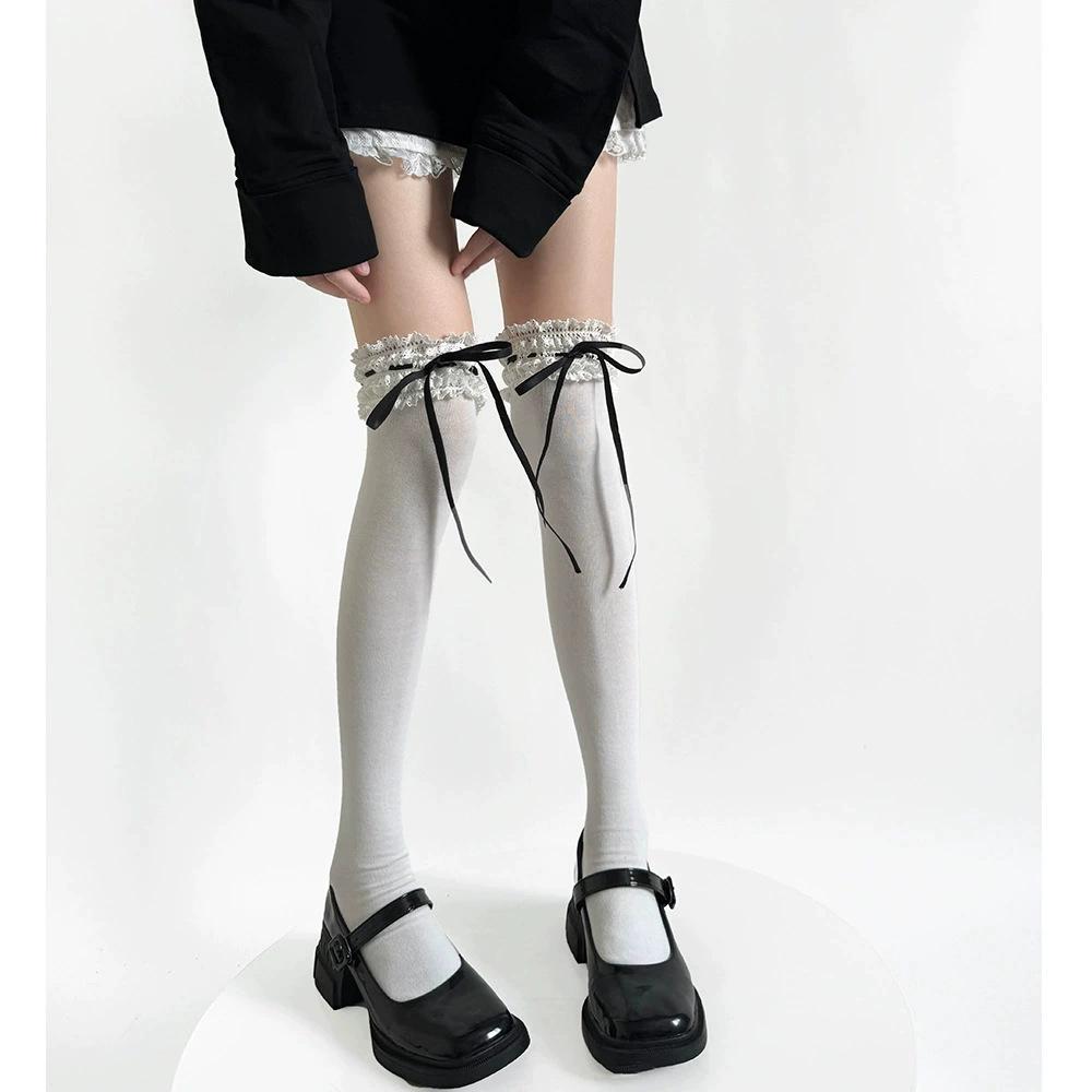 Pure Cotton Lolita Wide Lace Ribbon Bow Socks - Spring Mid-Calf Sweet Desire Style