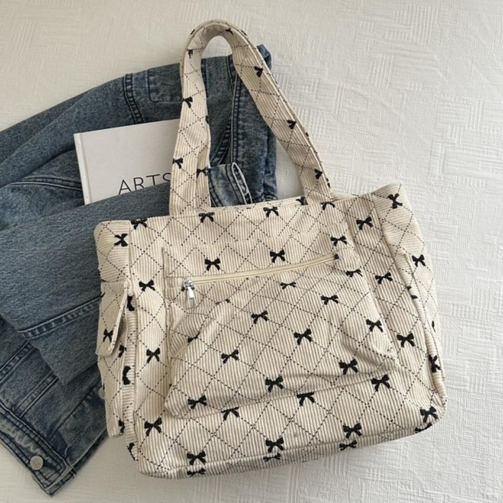Corduroy Tote Bag Bow Pattern Shoulder Bag Large Capacity Fashion Underarm Commuting Handbags Shopping Bags Eco-friendly Handbag