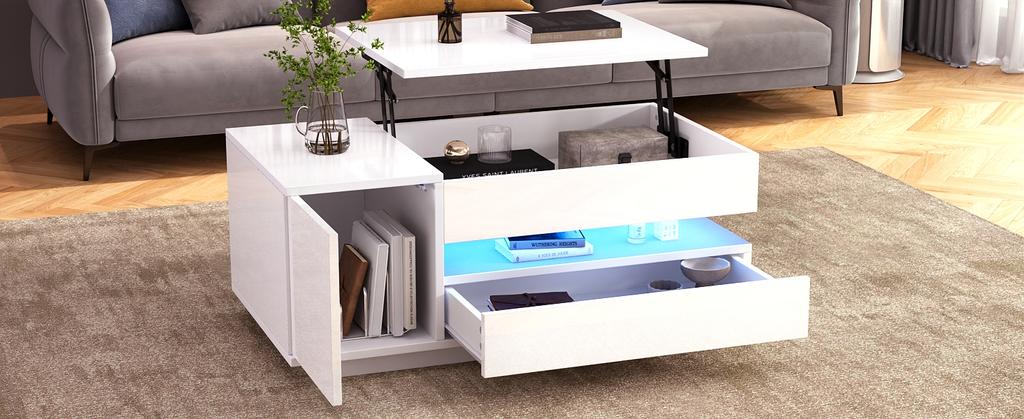 95*50*34.5cm Liftable Coffee Table with 1 Drawer, 1 Cabinet, LED, High-Gloss, Hidden Storage, Half-Open Storage, White
