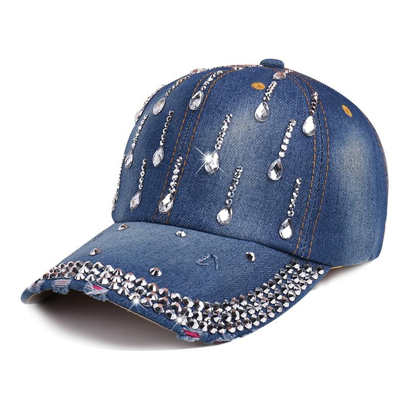 Джинсовая Бейсболка Женская Со Стразами Капли Ковбойская Snapback Весна Лето Козырек Солнцезащитная Шляпа Леди Корейская Повседневная Кепка Синяя