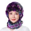 Women Winter Hat with Integrated Scarf Thick Warm Faux Rex Rabbit Fur Flower