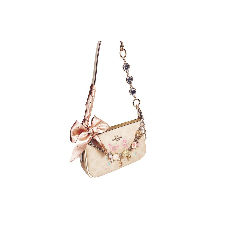 COACH shoulder bag [Customized bag] Nolita 19 Naked Apricot Ribbon Diamond Classic Old Flower Print Chain Pink Decorative Pendant Commuting Butterfly