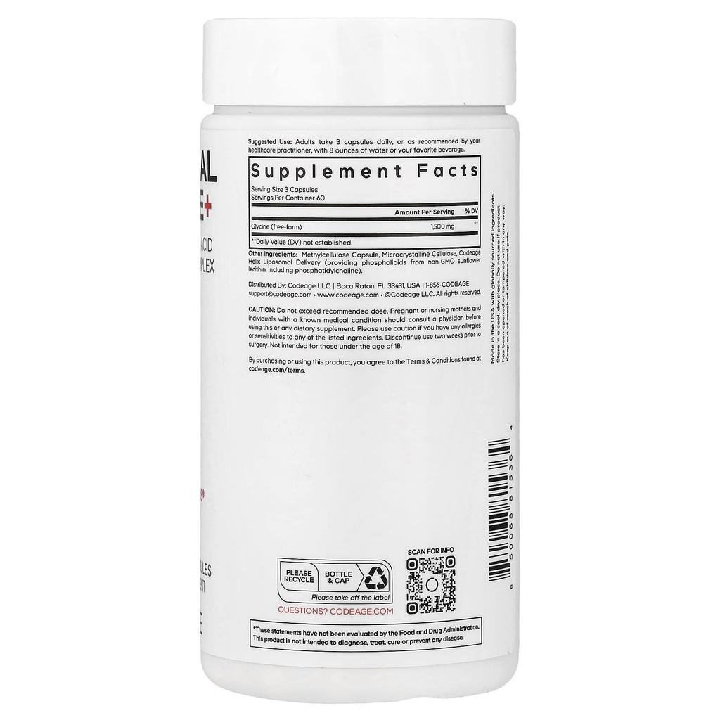 Codeage, Liposomal Glycine+, 180 Veggie Capsules (500mg per capsule)