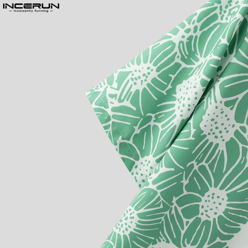 INCERUN Мужские рубашки с лацканами, короткими рукавами, принтом, декоративной строчкой, повседневные, свободного кроя